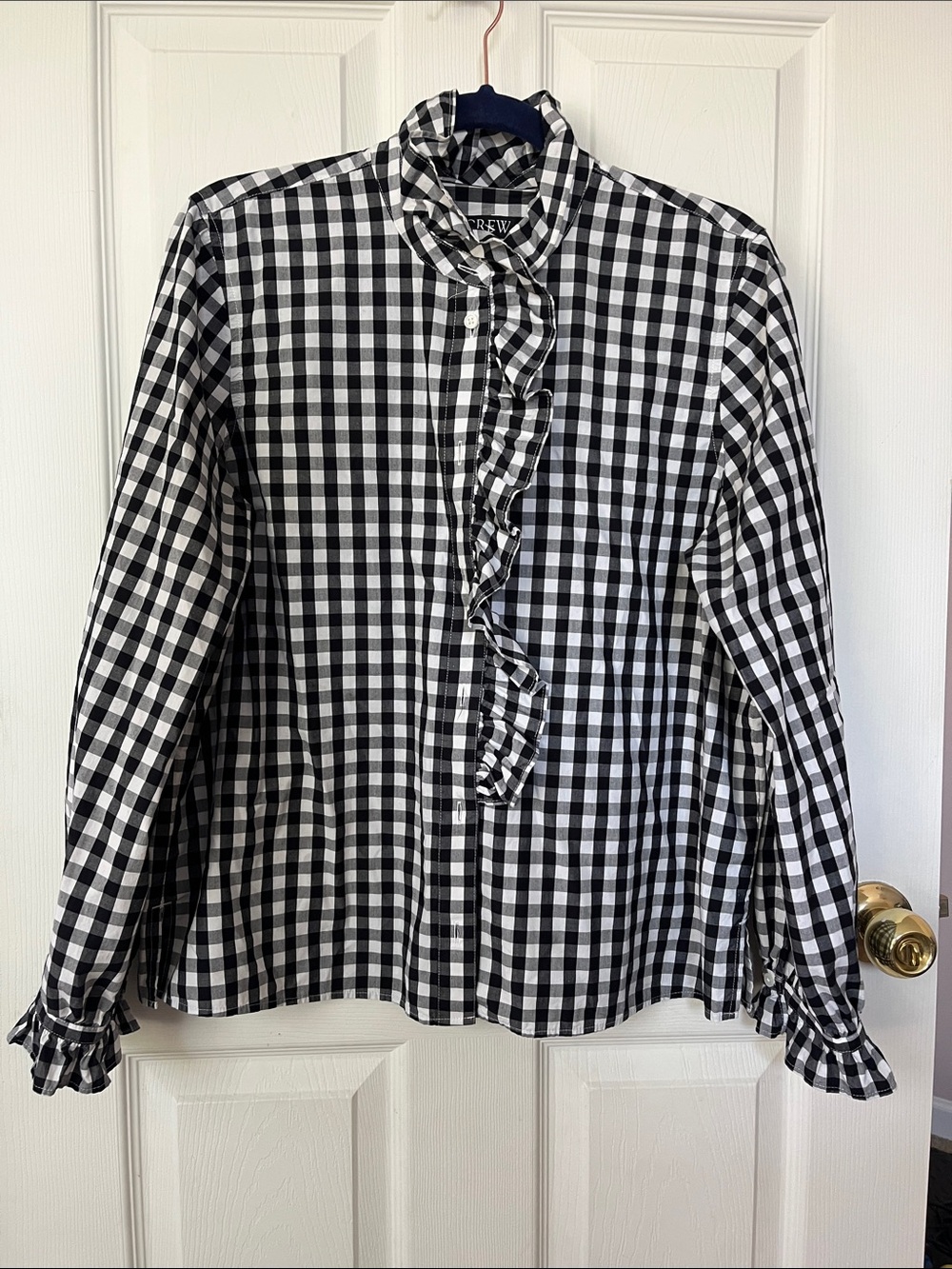 J. Crew Black and White Gingham Ruffle Button-Down Shirt